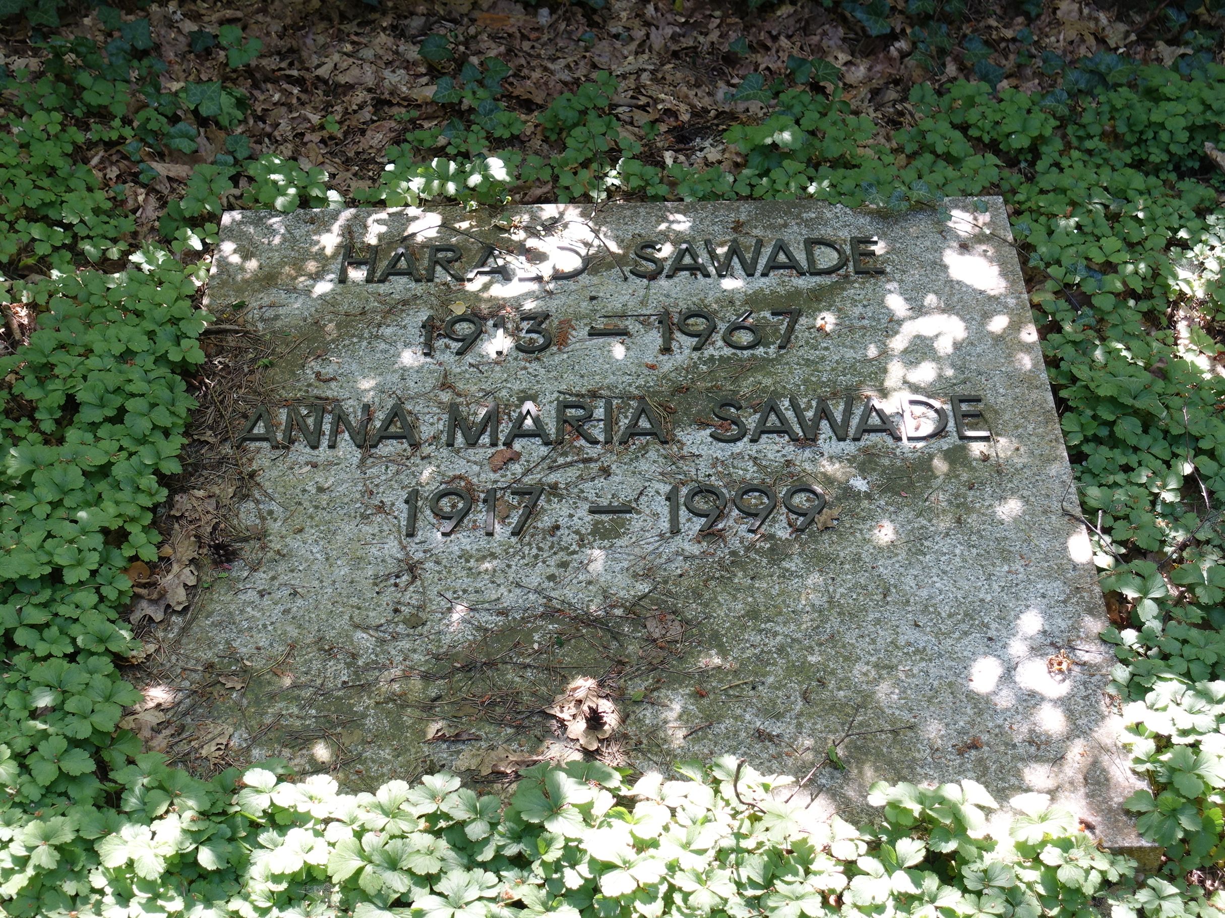 Flache Grabplatte von Harald und Anna Maria Sawade im Waldboden