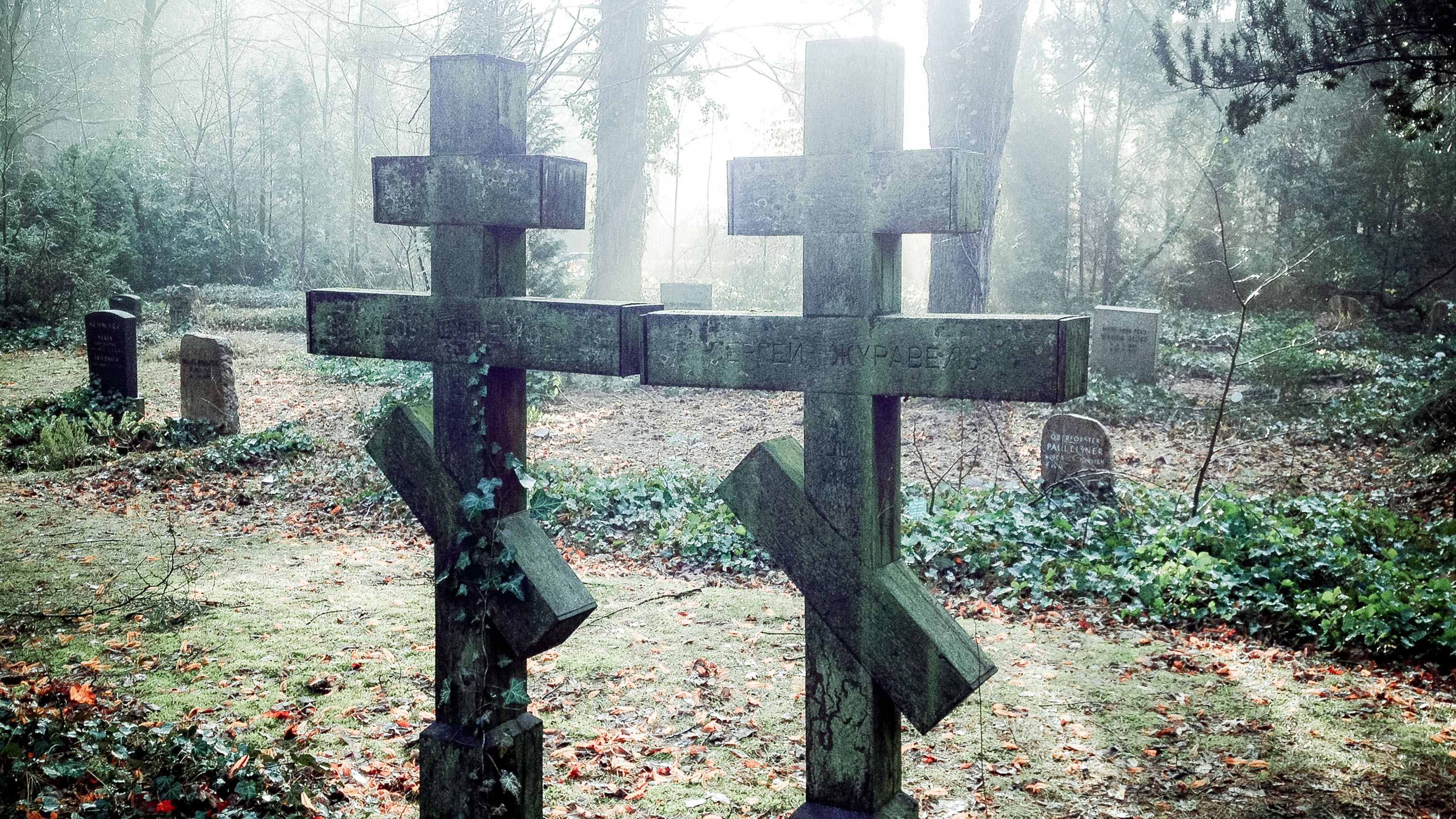 Große orthodoxe Holzkreuze auf dem Friedhof Grunewald-Forst